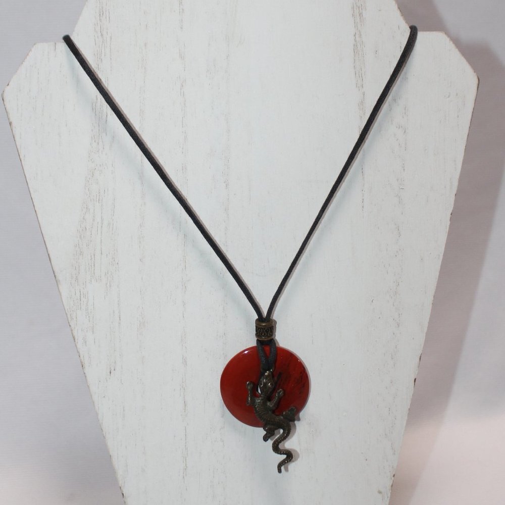 Unisex Red Jasper Gemstone Leather Cord Pendent 30" with Lizard - Picture 2 of 10